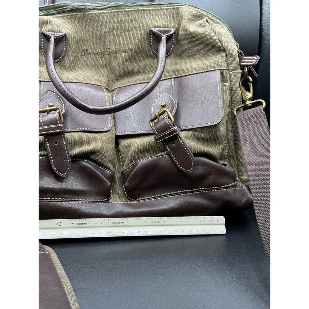 Tommy Bahama Messenger Bag OliveGreen Canvas Brown Faux Leather Laptop Briefcase
